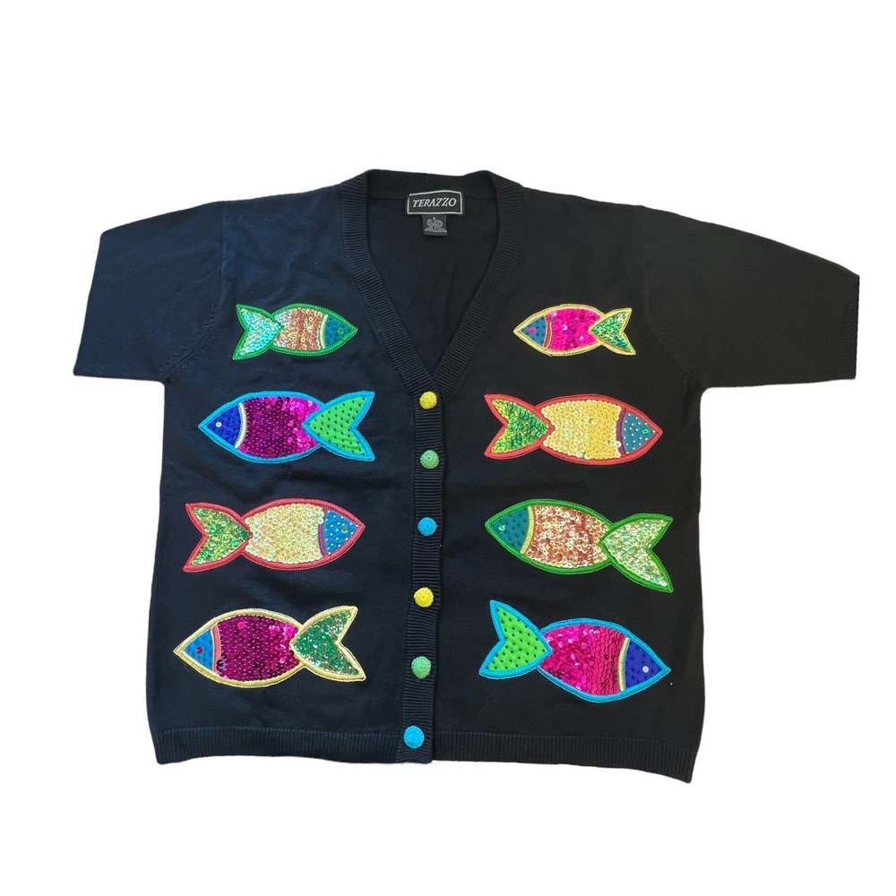 Vintage Terazzo Vanity Sequin Beaded Crochet‎ Buttons Fish Cardigan Size Small